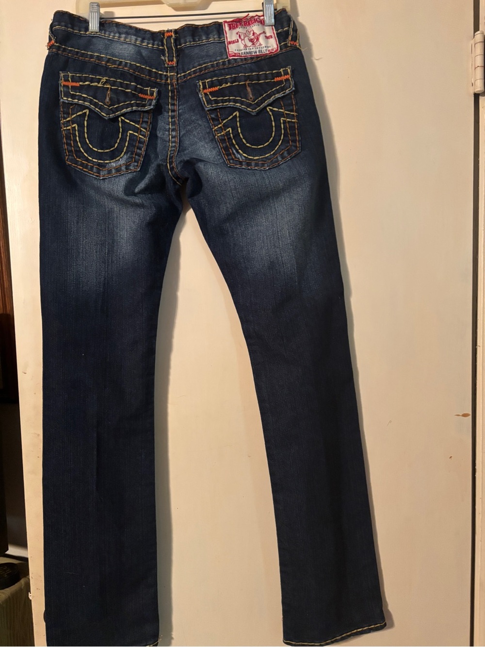 True Religion Women’s Dark Blue Boot Cut Jeans with Yellow Contrast Stitching